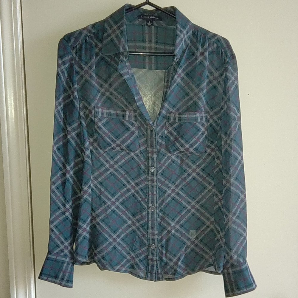 Banana Republic, plaid chiffon blouse, sheer, Christmas colors, size M